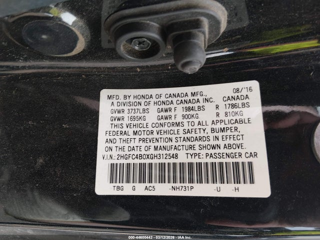 2016 Honda Civic Lx-p მანქანა იყიდება აუქციონზე, vin: 2HGFC4B0XGH312548, აუქციონის ნომერი: 44600442
