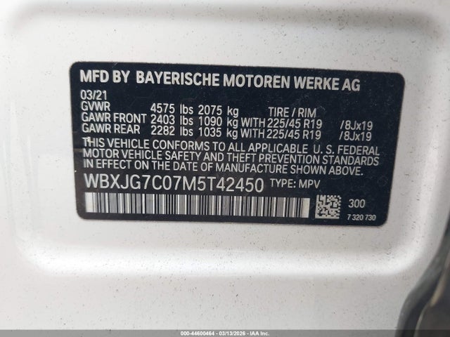 2021 Bmw X1 Sdrive28i მანქანა იყიდება აუქციონზე, vin: WBXJG7C07M5T42450, აუქციონის ნომერი: 44600464