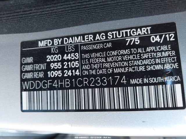 Aukcja sprzedaży 2012 Mercedes-benz C 250 Sport, vin: WDDGF4HB1CR233174, numer aukcji: 44600521