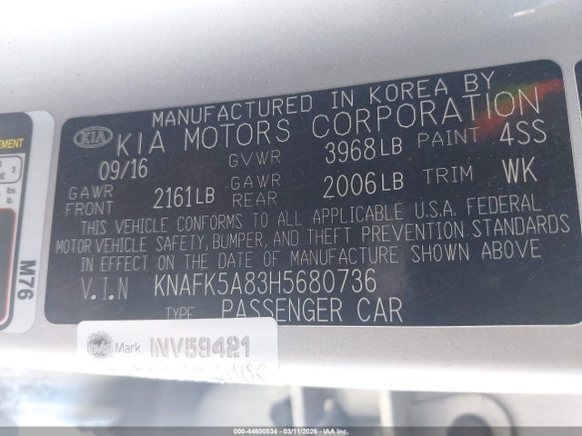 KNAFK5A83H5680736 KIA FORTE LX