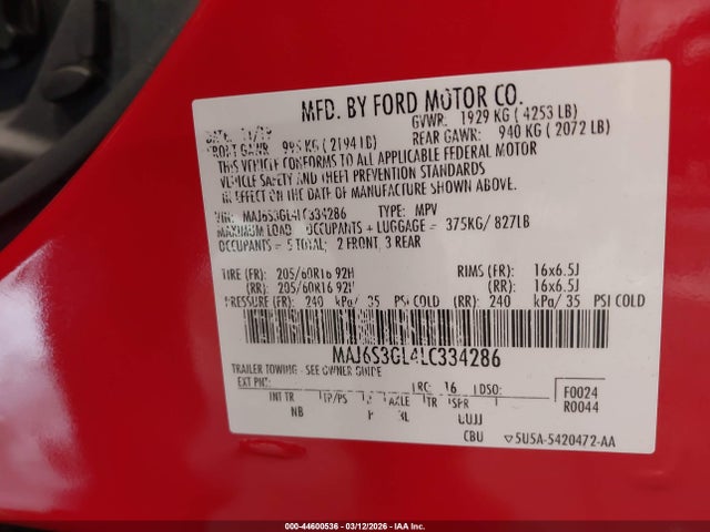 2020 Ford Ecosport Se მანქანა იყიდება აუქციონზე, vin: MAJ6S3GL4LC334286, აუქციონის ნომერი: 44600536