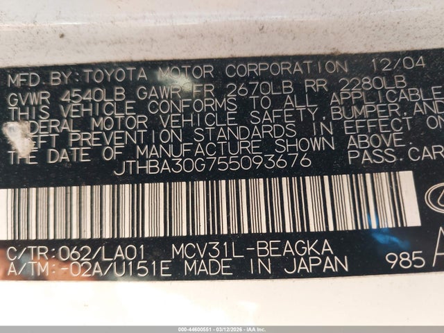 Продажа на аукционе авто 2005 Lexus Es 330, vin: JTHBA30G755093676, номер лота: 44600551