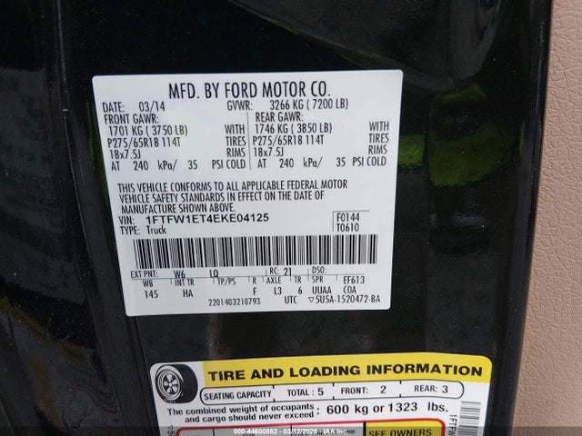 Продажа на аукционе авто 2014 Ford F-150 Lariat, vin: 1FTFW1ET4EKE04125, номер лота: 44600552