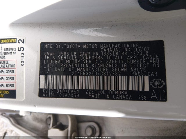 Aukcja sprzedaży 2007 Toyota Corolla Ce, vin: 2T1BR32E07C842782, numer aukcji: 44600561