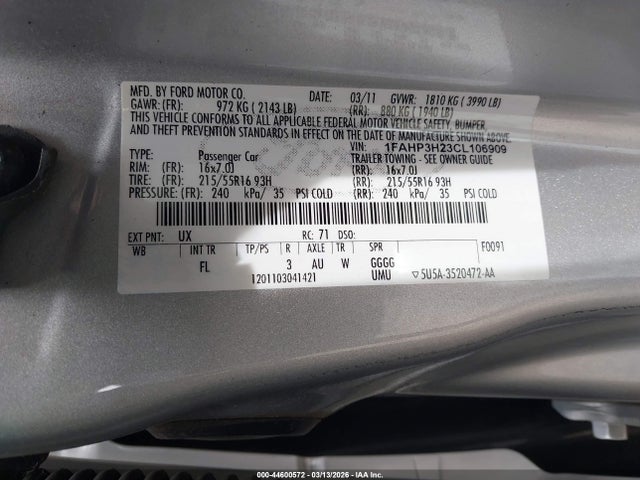 2012 Ford Focus Sel მანქანა იყიდება აუქციონზე, vin: 1FAHP3H23CL106909, აუქციონის ნომერი: 44600572