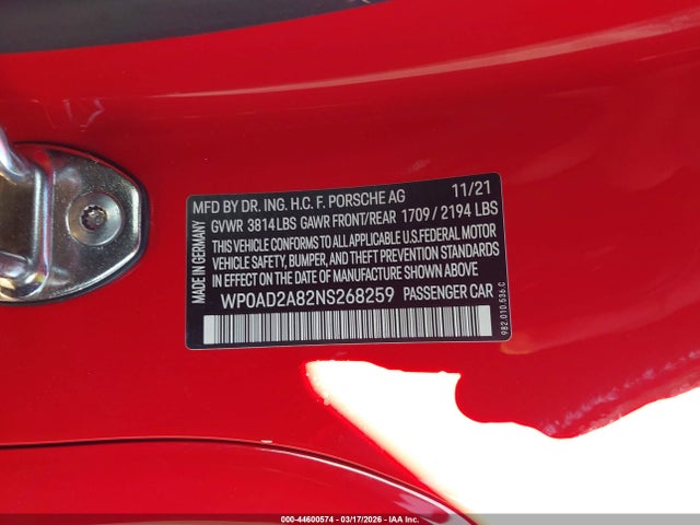 Porsche 718 Cayman Gts 4.0 2022 WP0AD2A82NS268259 Image 9