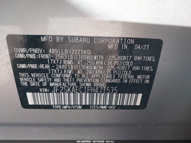 Aukcja sprzedaży 2023 Subaru Forester Premium, vin: JF2SKAEC1PH471535, numer aukcji: 44600582