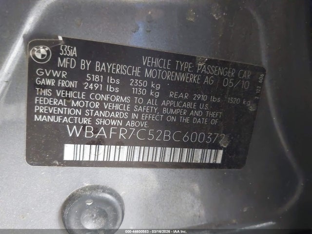 44600583 :رقم المزاد ، WBAFR7C52BC600372 vin ، 2011 Bmw 535i مزاد بيع