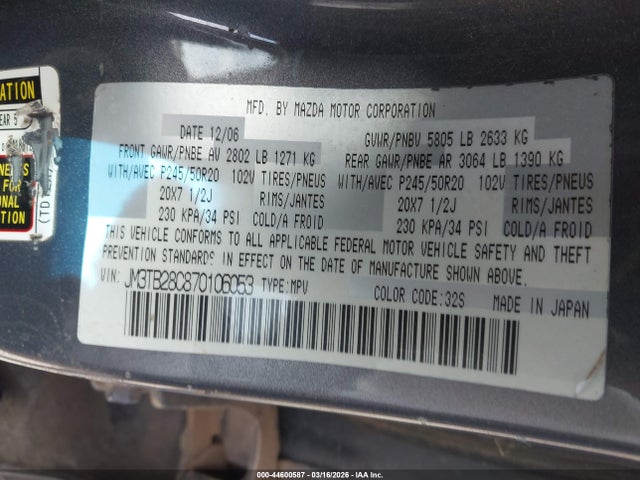 44600587 :رقم المزاد ، JM3TB28C870106053 vin ، 2007 Mazda Cx-9 Grand Touring مزاد بيع