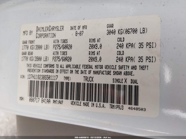 44600610 :رقم المزاد ، 1D7HU18238S501117 vin ، 2008 Dodge Ram 1500 Slt مزاد بيع