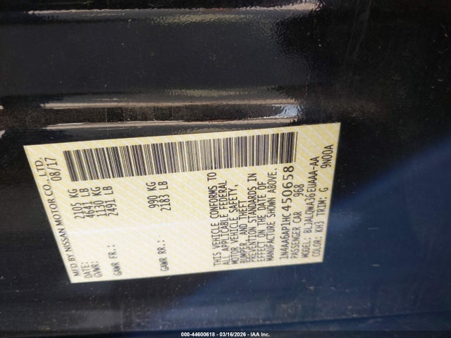 44600618 :رقم المزاد ، 1N4AA6AP1HC450658 vin ، 2017 Nissan Maxima 3.5 S مزاد بيع
