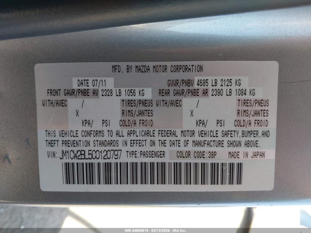 2012 Mazda Mazda5 Sport მანქანა იყიდება აუქციონზე, vin: JM1CW2BL5C0120797, აუქციონის ნომერი: 44600619