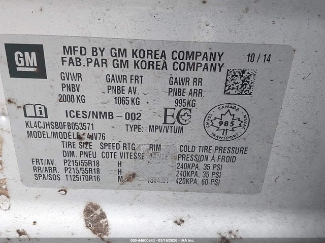 2015 Buick Encore Premium მანქანა იყიდება აუქციონზე, vin: KL4CJHSB0FB053571, აუქციონის ნომერი: 44600643