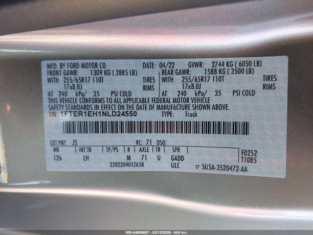 Aukcja sprzedaży 2022 Ford Ranger Lariat/xl/xlt, vin: 1FTER1EH1NLD24550, numer aukcji: 44600657