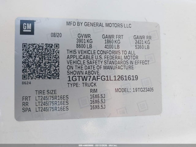 44600668 :رقم المزاد ، 1GTW7AFG1L1261619 vin ، 2020 Gmc Savana Cargo Rwd 2500 Regular Wheelbase Work Van مزاد بيع