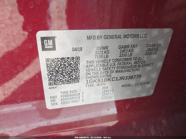 44600675 :رقم المزاد ، 1GKS1BKC1JR338775 vin ، 2018 Gmc Yukon Slt مزاد بيع