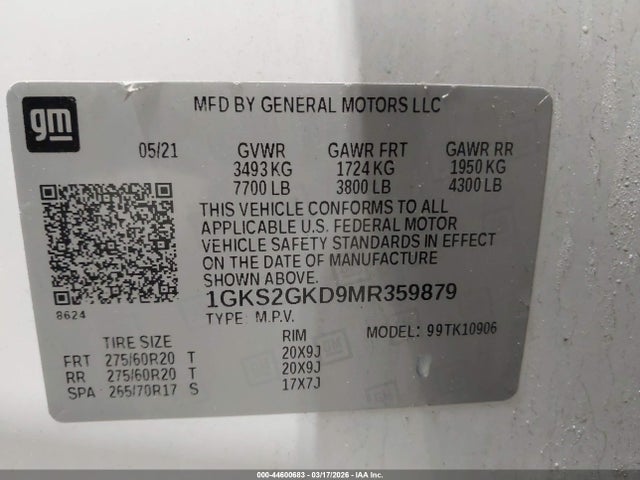 44600683 :رقم المزاد ، 1GKS2GKD9MR359879 vin ، 2021 Gmc Yukon Xl 4wd Slt مزاد بيع