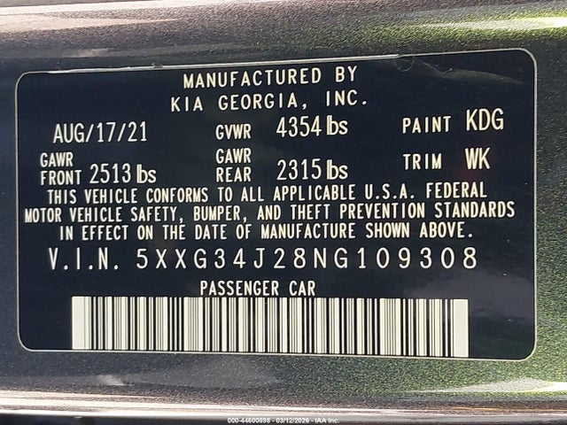 2022 Kia K5 Ex მანქანა იყიდება აუქციონზე, vin: 5XXG34J28NG109308, აუქციონის ნომერი: 44600698