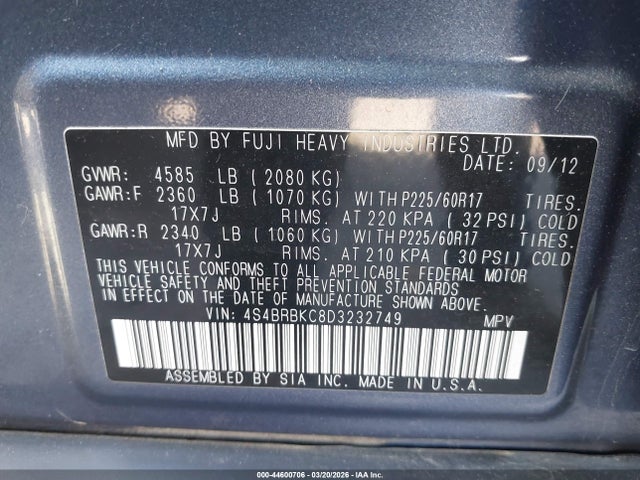2013 Subaru Outback 2.5i Limited მანქანა იყიდება აუქციონზე, vin: 4S4BRBKC8D3232749, აუქციონის ნომერი: 44600706