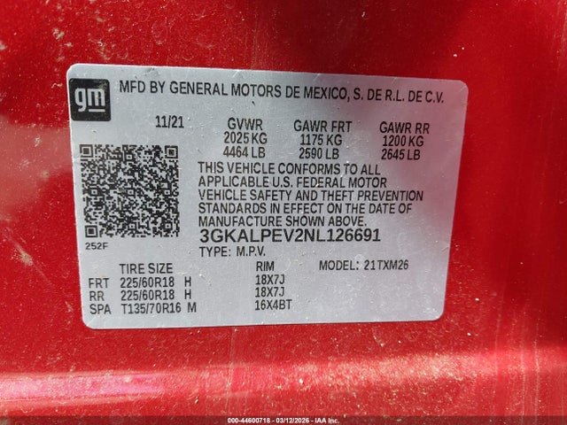 44600718 :رقم المزاد ، 3GKALPEV2NL126691 vin ، 2022 Gmc Terrain Fwd Slt مزاد بيع