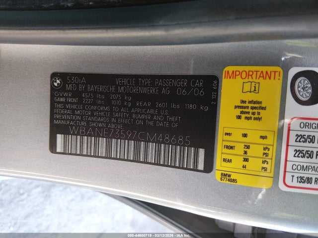 Продажа на аукционе авто 2007 Bmw 530i, vin: WBANE73597CM48685, номер лота: 44600719