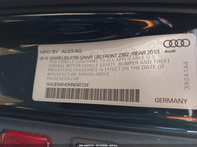2017 Audi A4 2.0t Premium მანქანა იყიდება აუქციონზე, vin: WAUENAF43HN040124, აუქციონის ნომერი: 44600724