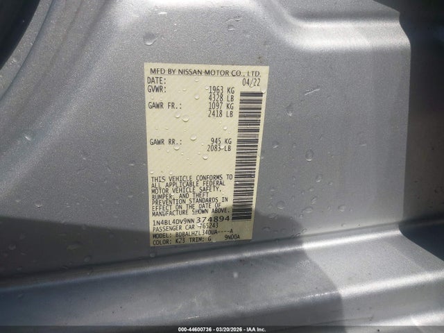 Продажа на аукционе авто 2022 Nissan Altima Sv Fwd, vin: 1N4BL4DV9NN374894, номер лота: 44600736