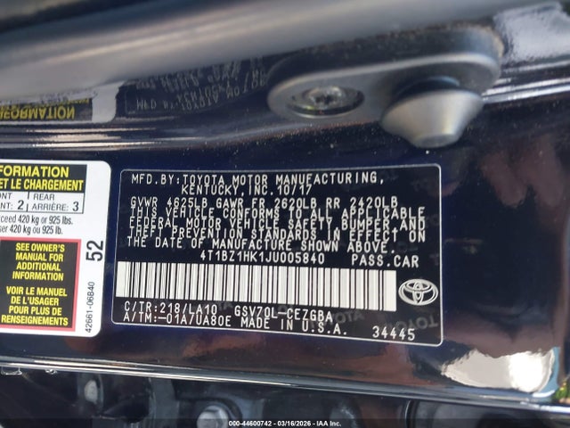 Aukcja sprzedaży 2018 Toyota Camry Xle V6, vin: 4T1BZ1HK1JU005840, numer aukcji: 44600742