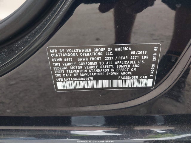 Aukcja sprzedaży 2018 Volkswagen Passat 2.0t R-line/2.0t S, vin: 1VWAA7A38JC041475, numer aukcji: 44600750