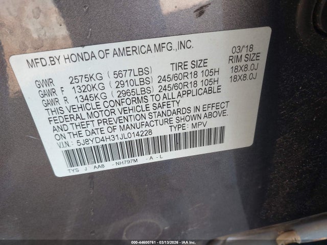 Aukcja sprzedaży 2018 Acura Mdx, vin: 5J8YD4H31JL014228, numer aukcji: 44600761