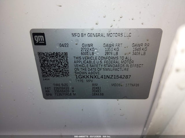 44600778 :رقم المزاد ، 1GKKNXL41NZ154287 vin ، 2022 Gmc Acadia Awd Denali مزاد بيع