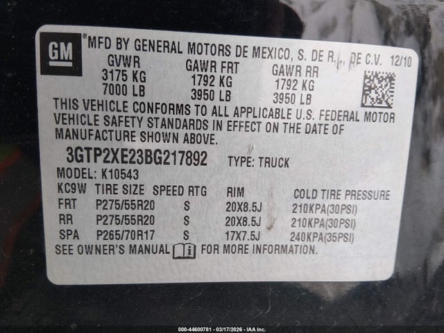 44600781 :رقم المزاد ، 3GTP2XE23BG217892 vin ، 2011 Gmc Sierra 1500 Denali مزاد بيع