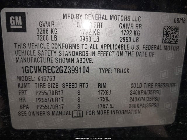 Продажа на аукционе авто 2016 Chevrolet Silverado 1500 1lt, vin: 1GCVKREC2GZ399104, номер лота: 44600829