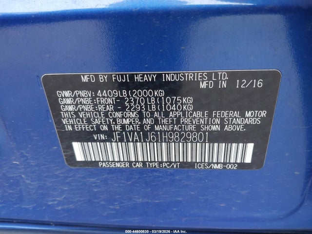 Subaru Wrx Limited 2017 JF1VA1J61H9829801 Image 9