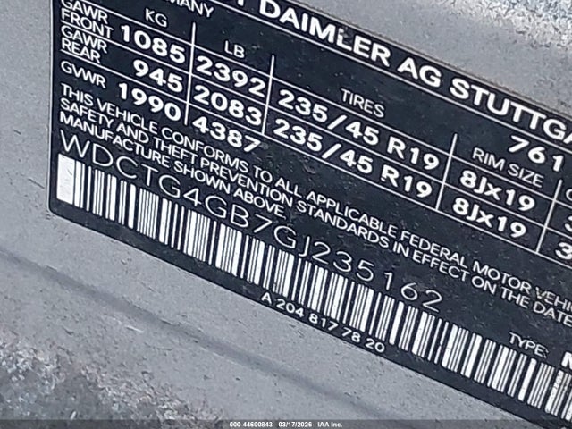 44600843 :رقم المزاد ، WDCTG4GB7GJ235162 vin ، 2016 Mercedes-benz Gla 250 4matic مزاد بيع
