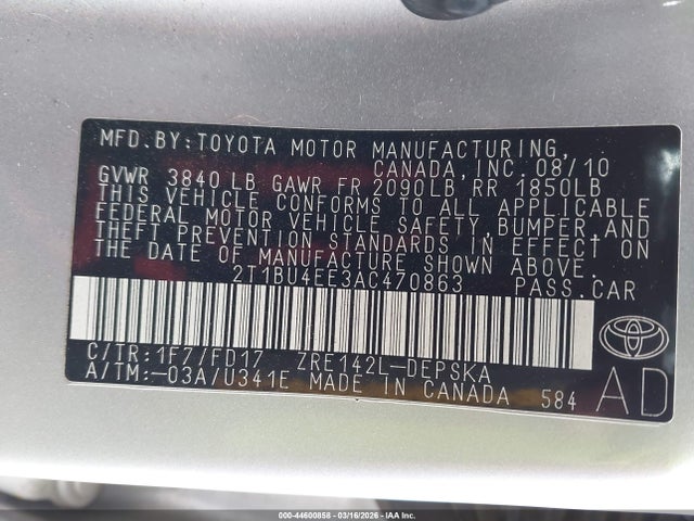 Aukcja sprzedaży 2010 Toyota Corolla S, vin: 2T1BU4EE3AC470863, numer aukcji: 44600858