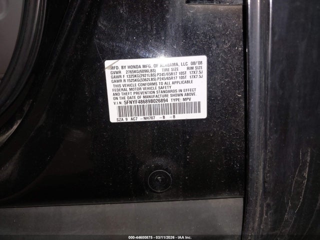 2009 Honda Pilot Ex-l მანქანა იყიდება აუქციონზე, vin: 5FNYF48689B026894, აუქციონის ნომერი: 44600875