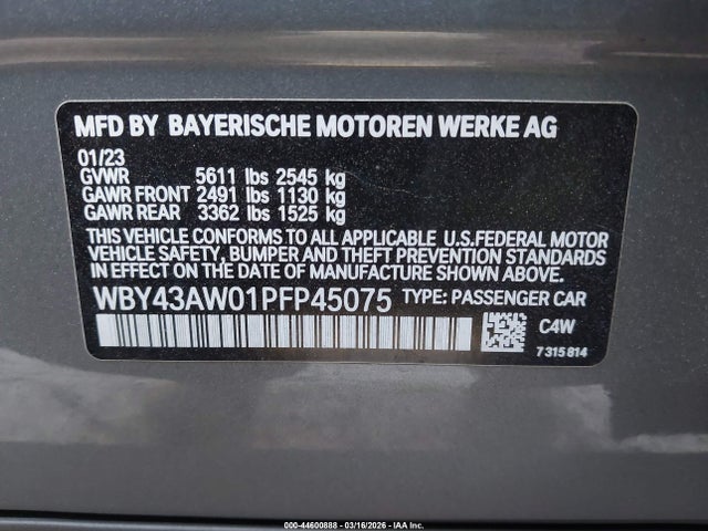 2023 Bmw I4 Edrive35 მანქანა იყიდება აუქციონზე, vin: WBY43AW01PFP45075, აუქციონის ნომერი: 44600888