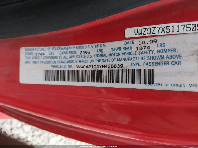 Aukcja sprzedaży 2000 Volkswagen New Beetle Gls, vin: 3VWCA21C4YM435639, numer aukcji: 44600900