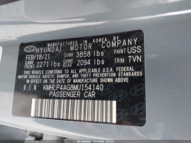 44600902 :رقم المزاد ، KMHLP4AG8MU154140 vin ، 2021 Hyundai Elantra Limited مزاد بيع