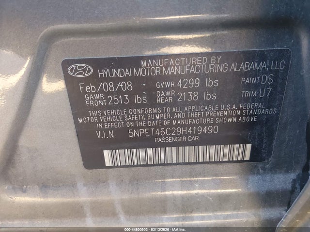 44600903 :رقم المزاد ، 5NPET46C29H419490 vin ، 2009 Hyundai Sonata Gls مزاد بيع
