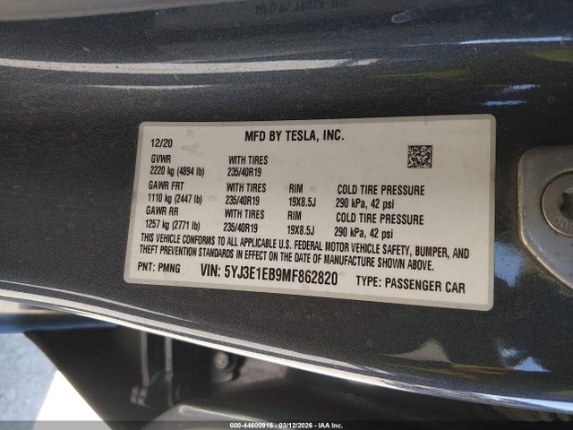 Продаж на аукціоні авто 2021 Tesla Model 3 Long Range Dual Motor All-wheel Drive, vin: 5YJ3E1EB9MF862820, номер лоту: 44600916