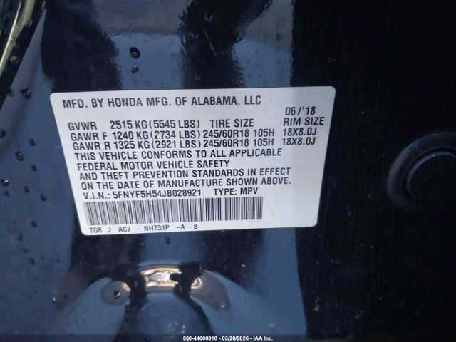 5FNYF5H54JB028921 Honda Pilot Ex-l