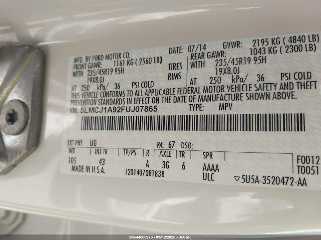 Продажа на аукционе авто 2015 Lincoln Mkc, vin: 5LMCJ1A92FUJ07865, номер лота: 44600973