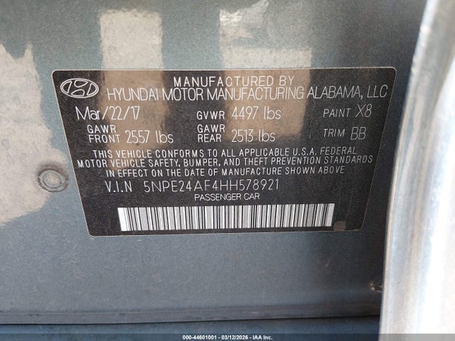5NPE24AF4HH578921 Hyundai SONATA SE