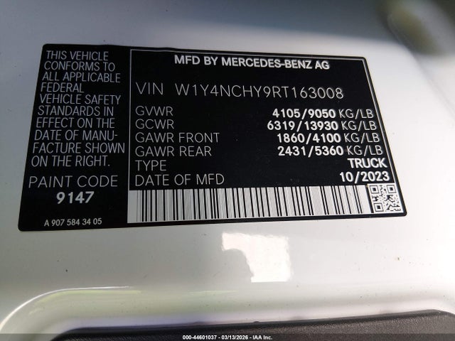2024 Mercedes-benz Sprinter 2500 High Roof 4-cyl Diesel Ho მანქანა იყიდება აუქციონზე, vin: W1Y4NCHY9RT163008, აუქციონის ნომერი: 44601037