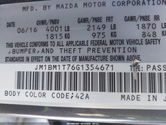 JM1BM1T76G1354671 Mazda Mazda3 I Sport