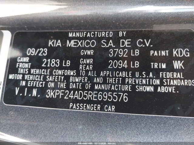 44601065 :رقم المزاد ، 3KPF24AD5RE695576 vin ، 2024 Kia Forte Lx مزاد بيع