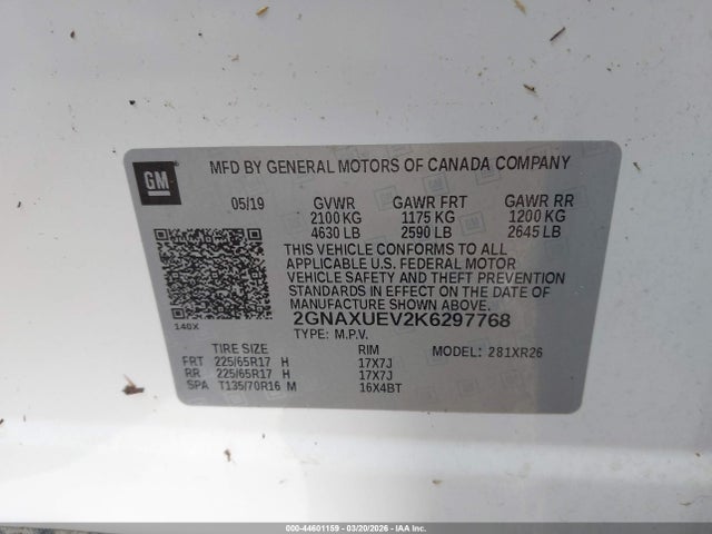44601159 :رقم المزاد ، 2GNAXUEV2K6297768 vin ، 2019 Chevrolet Equinox Lt مزاد بيع