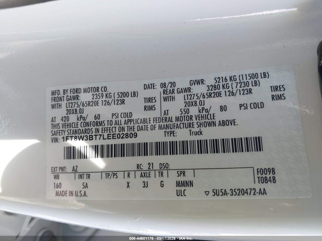 Aukcja sprzedaży 2020 Ford F-350 Lariat, vin: 1FT8W3BT7LEE02809, numer aukcji: 44601176
